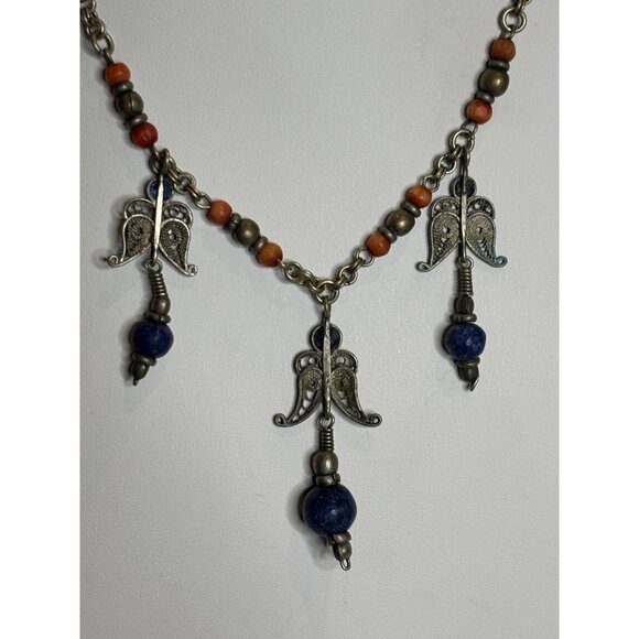 Vintage Angel Pendant Necklace With Lapis Beads & Brass Chain - Picture 15 of 16